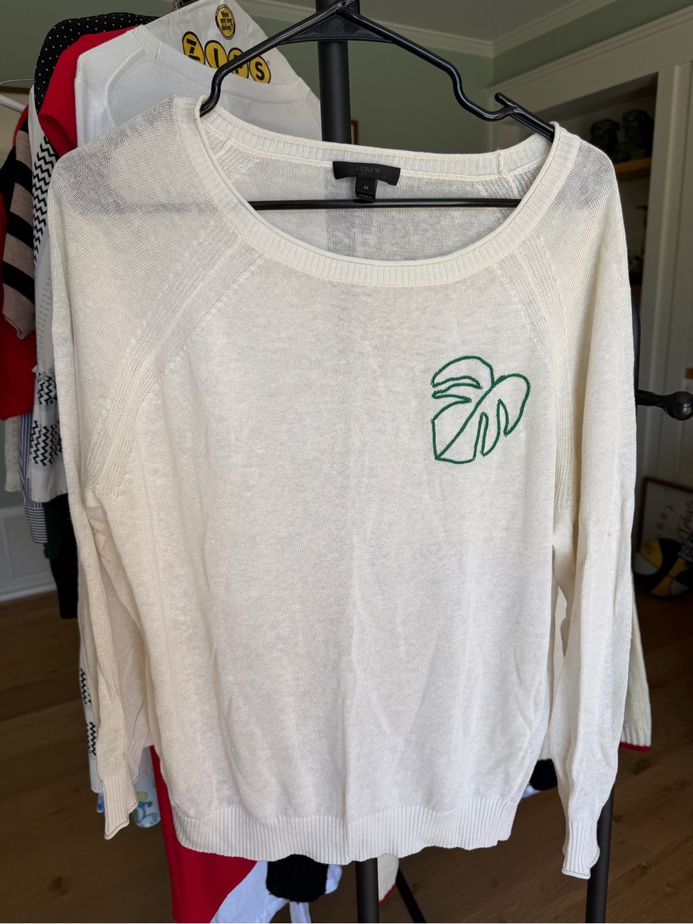 J. Crew Cream Crewneck Sweater with Green Leaf Motif